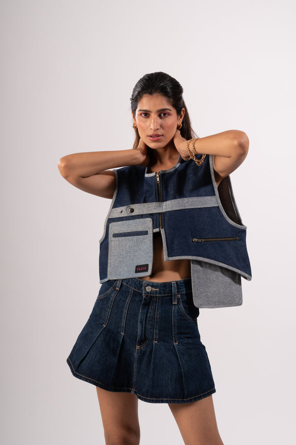 Blue Contrast Denim Cropped Vest