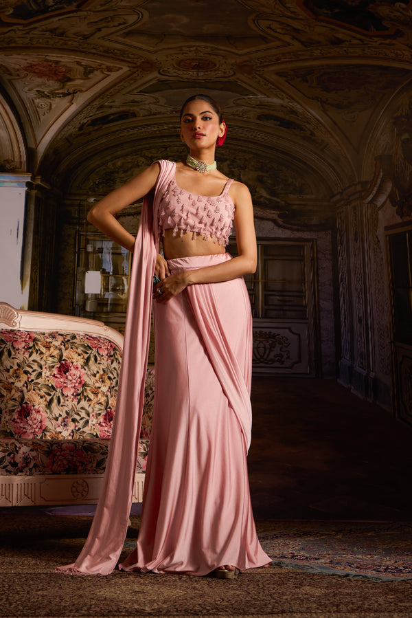 Pink Beaded Pre-Draped Saree