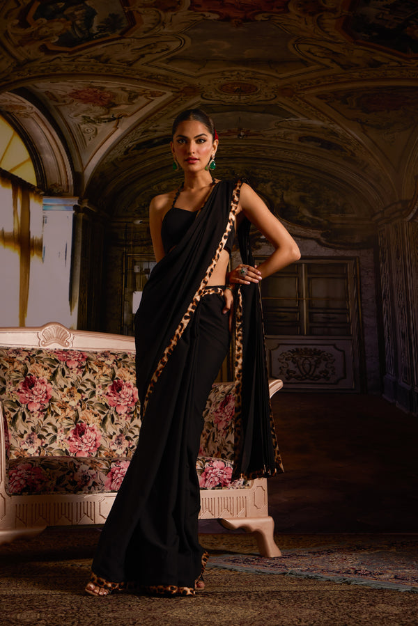 Leopard Print Black Pre-Draped Saree