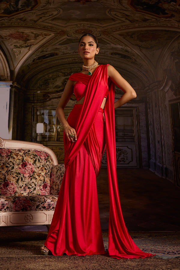 Crimson Red Pre-Draped Saree